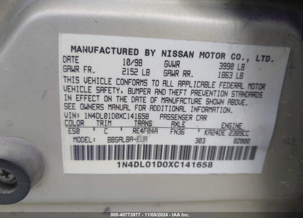 1999 NISSAN ALTIMA GLE/GXE/SE/SE-L/XE VIN: 1N4DL01D0XC141658