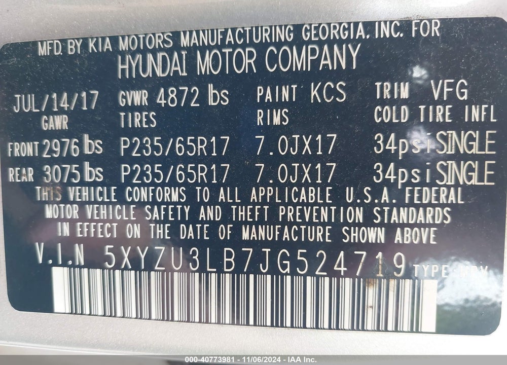 2018 HYUNDAI SANTA FE SPORT 2.4L VIN: 5XYZU3LB7JG524719