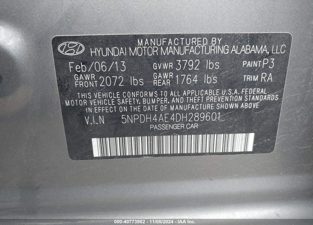 2013 HYUNDAI ELANTRA LIMITED VIN: 5NPDH4AE4DH289601