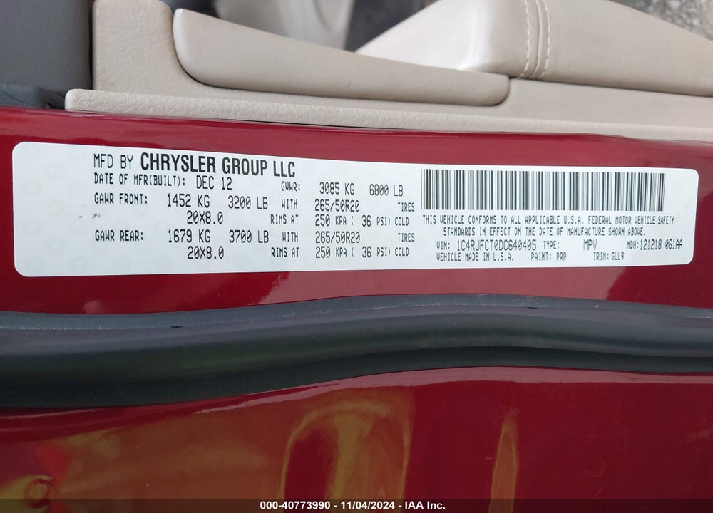 2013 JEEP GRAND CHEROKEE OVERLAND VIN: 1C4RJFCT0DC640405