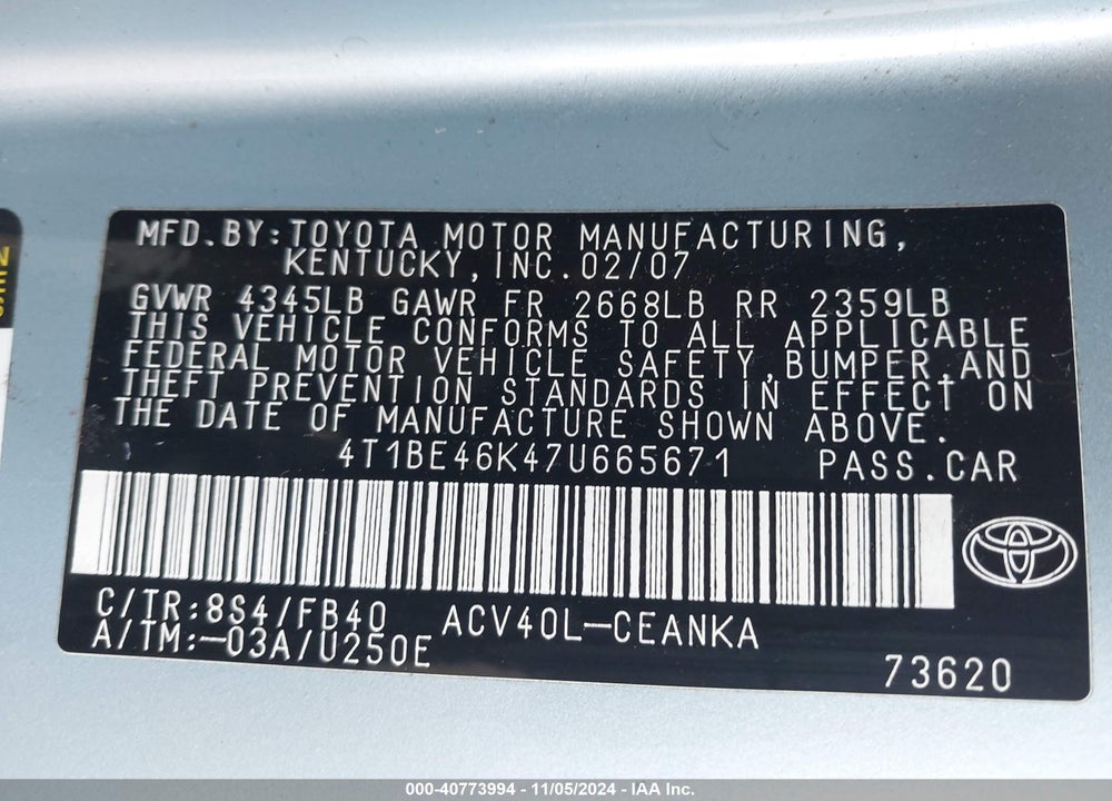 2007 TOYOTA CAMRY LE VIN: 4T1BE46K47U665671