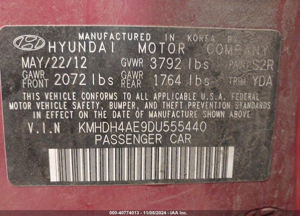 2013 HYUNDAI ELANTRA GLS VIN: KMHDH4AE9DU555440