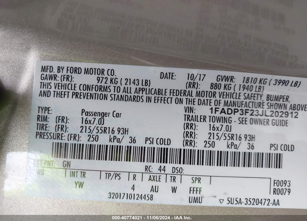 2018 FORD FOCUS SE VIN: 1FADP3F23JL202912