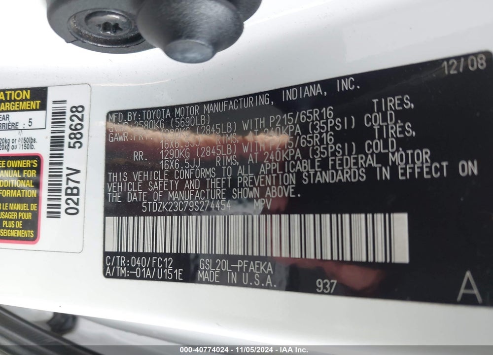 2009 TOYOTA SIENNA LE VIN: 5TDZK23C79S274454