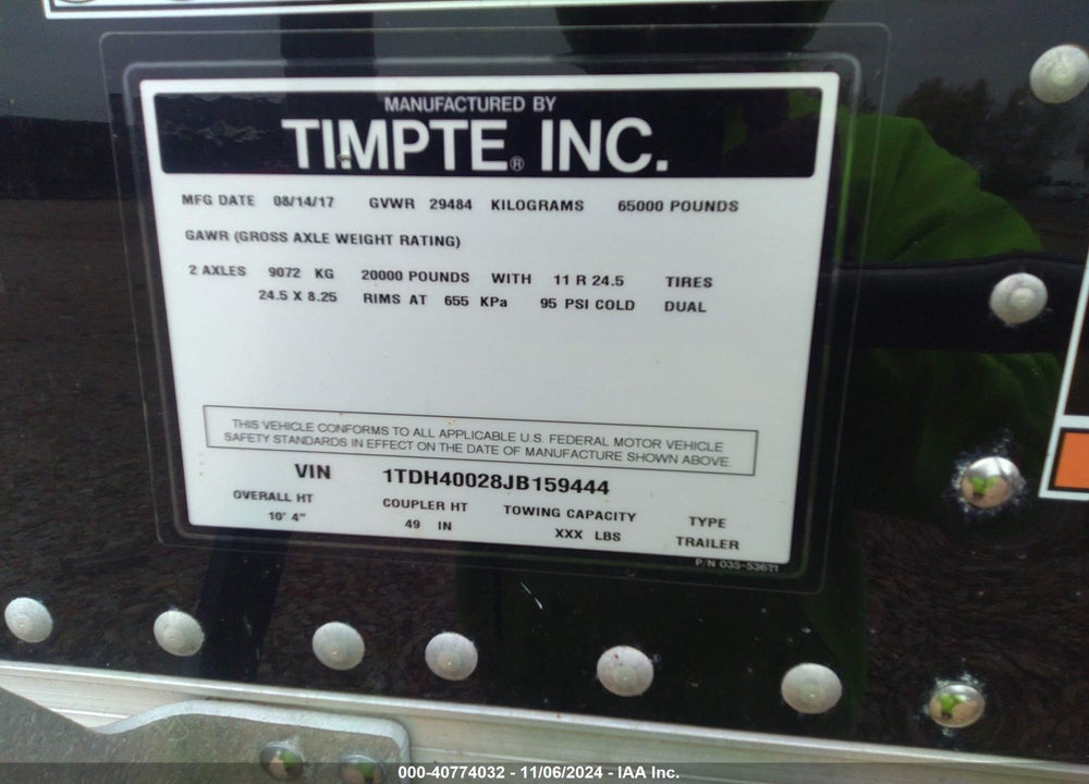 2018 TRAILER TIMPTE VIN: 1TDH40028JB159444