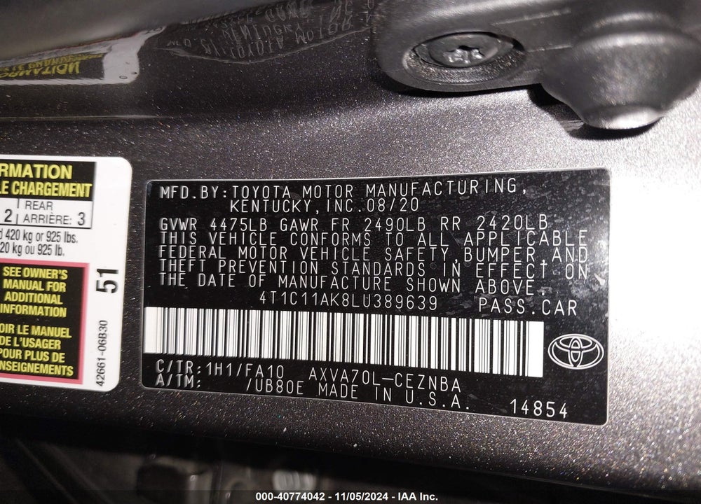 2020 TOYOTA CAMRY VIN: 4T1C11AK8LU389639