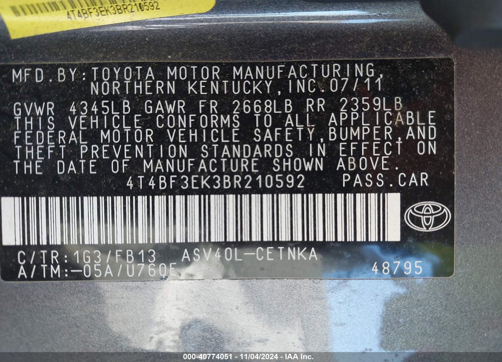 2011 TOYOTA CAMRY LE VIN: 4T4BF3EK3BR210592