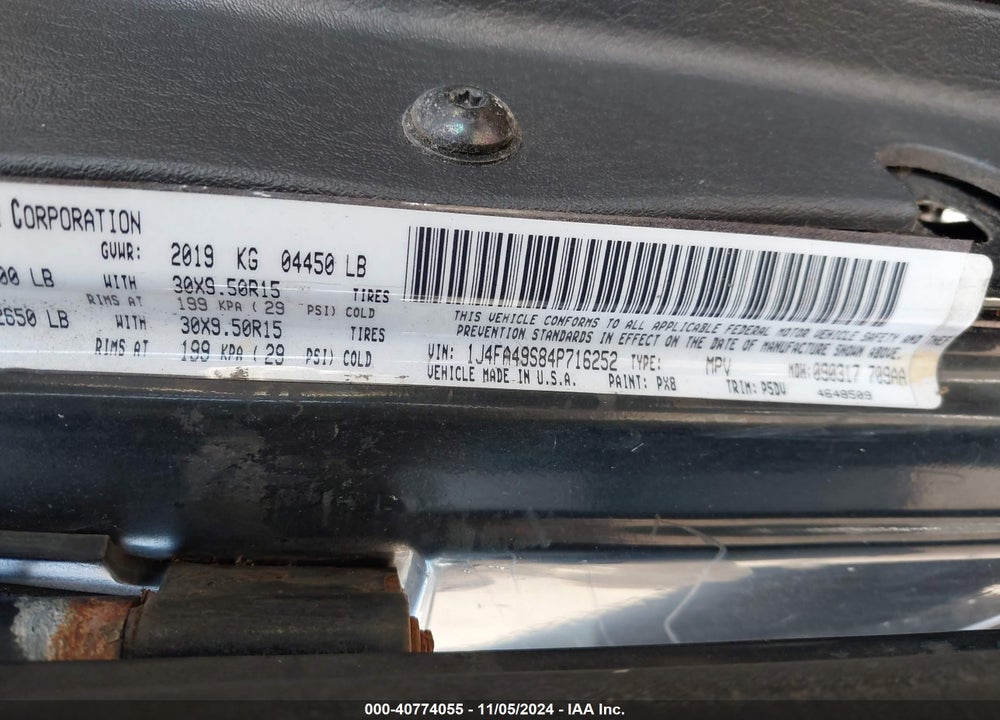 2004 JEEP WRANGLER SPORT VIN: 1J4FA49S84P716252