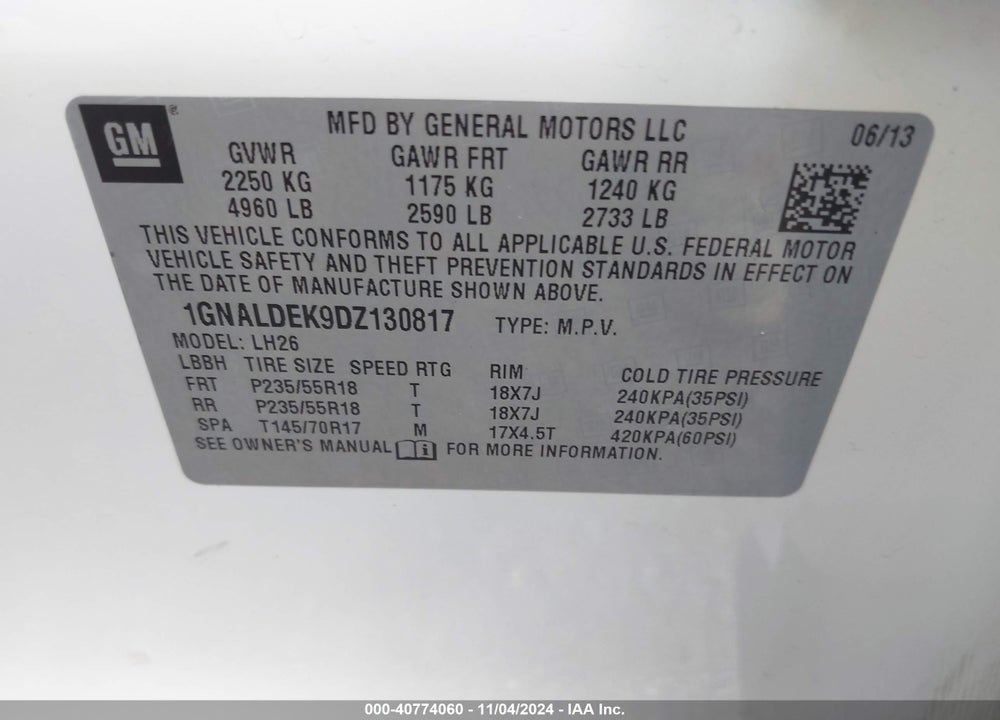 2013 CHEVROLET EQUINOX 1LT VIN: 1GNALDEK9DZ130817