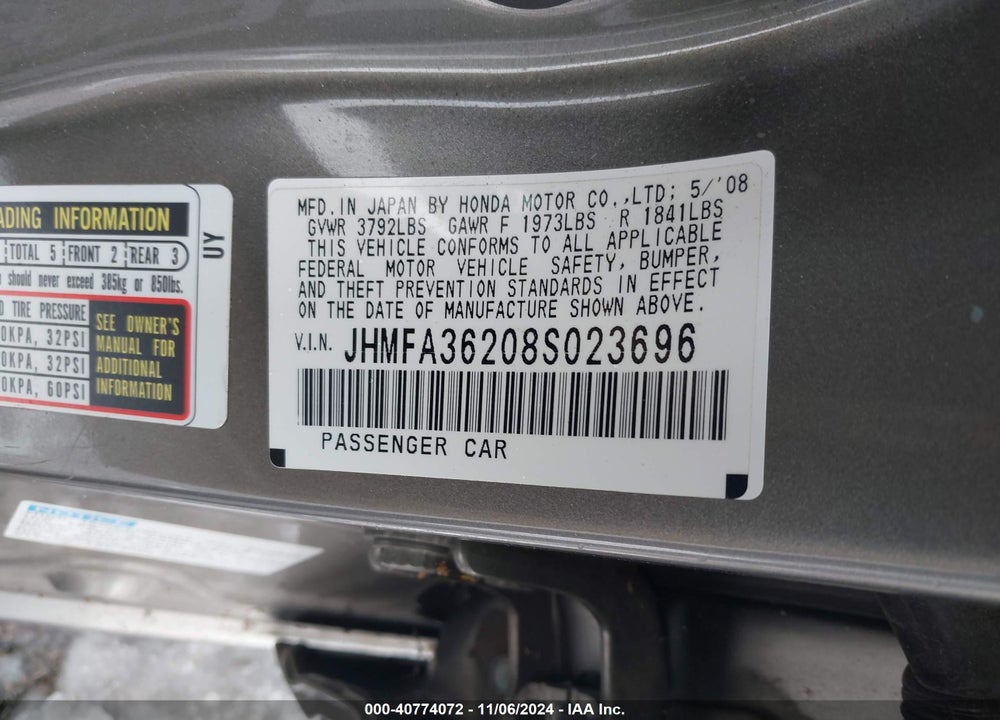 2008 HONDA CIVIC HYBRID VIN: JHMFA36208S023696