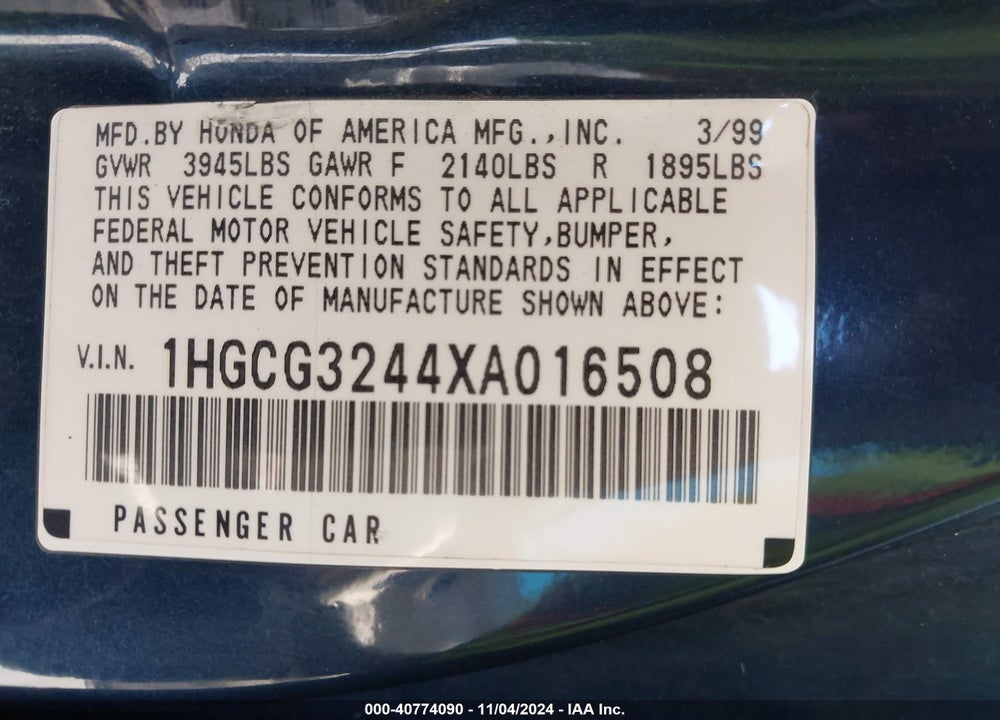1999 HONDA ACCORD LX VIN: 1HGCG3244XA016508
