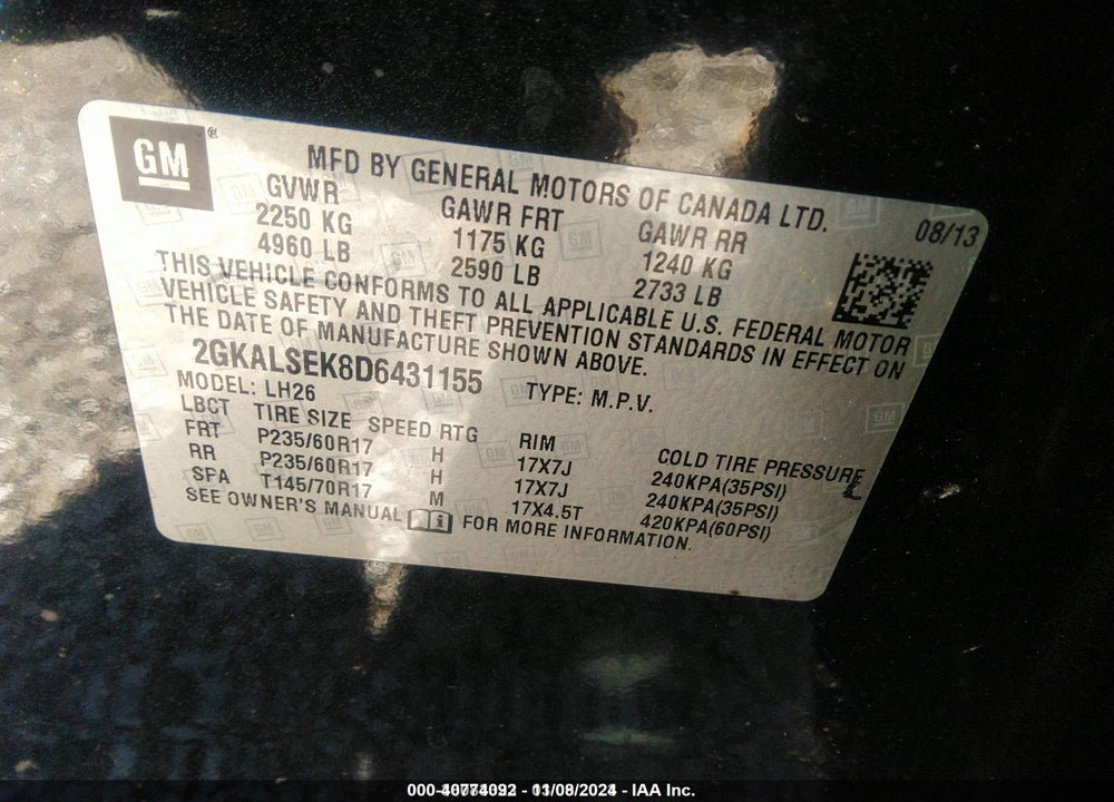 2013 GMC TERRAIN SLE-2 VIN: 2GKALSEK8D6431155