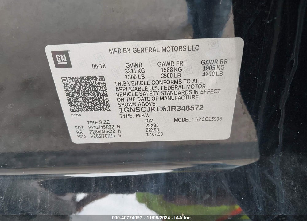 2018 CHEVROLET SUBURBAN PREMIER VIN: 1GNSCJKC6JR346572