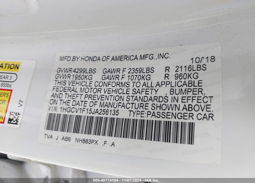 2018 HONDA ACCORD LX VIN: 1HGCV1F15JA256135