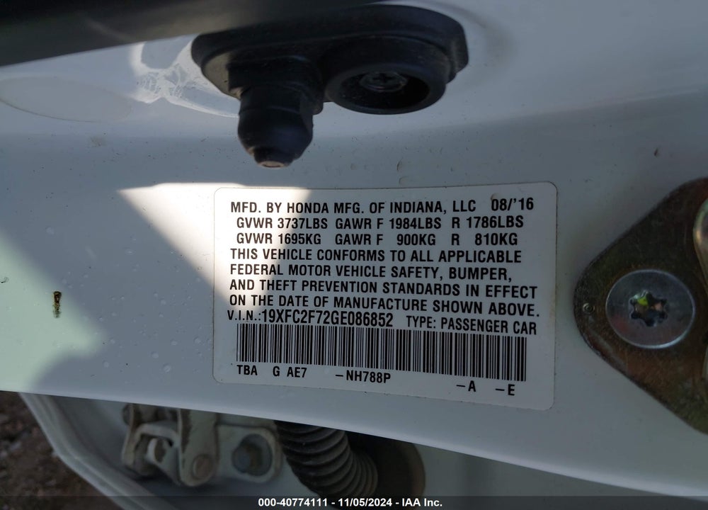 2016 HONDA CIVIC EX VIN: 19XFC2F72GE086852