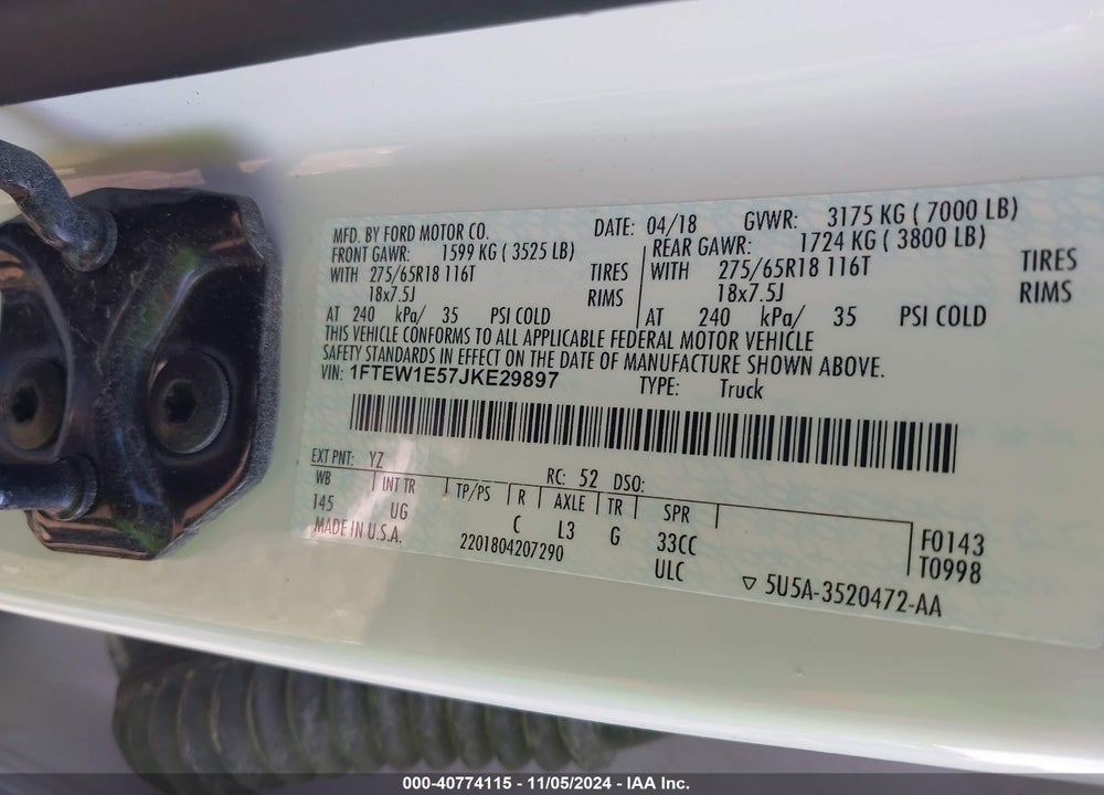 2018 FORD F-150 XLT VIN: 1FTEW1E57JKE29897