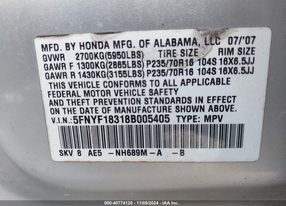2008 HONDA PILOT SE VIN: 5FNYF18318B005405