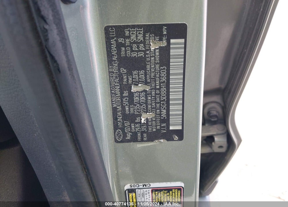 2008 HYUNDAI SANTA FE GLS VIN: 5NMSG13D88H136803