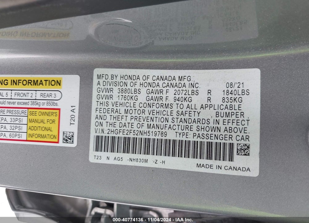 2022 HONDA CIVIC SPORT VIN: 2HGFE2F52NH519789