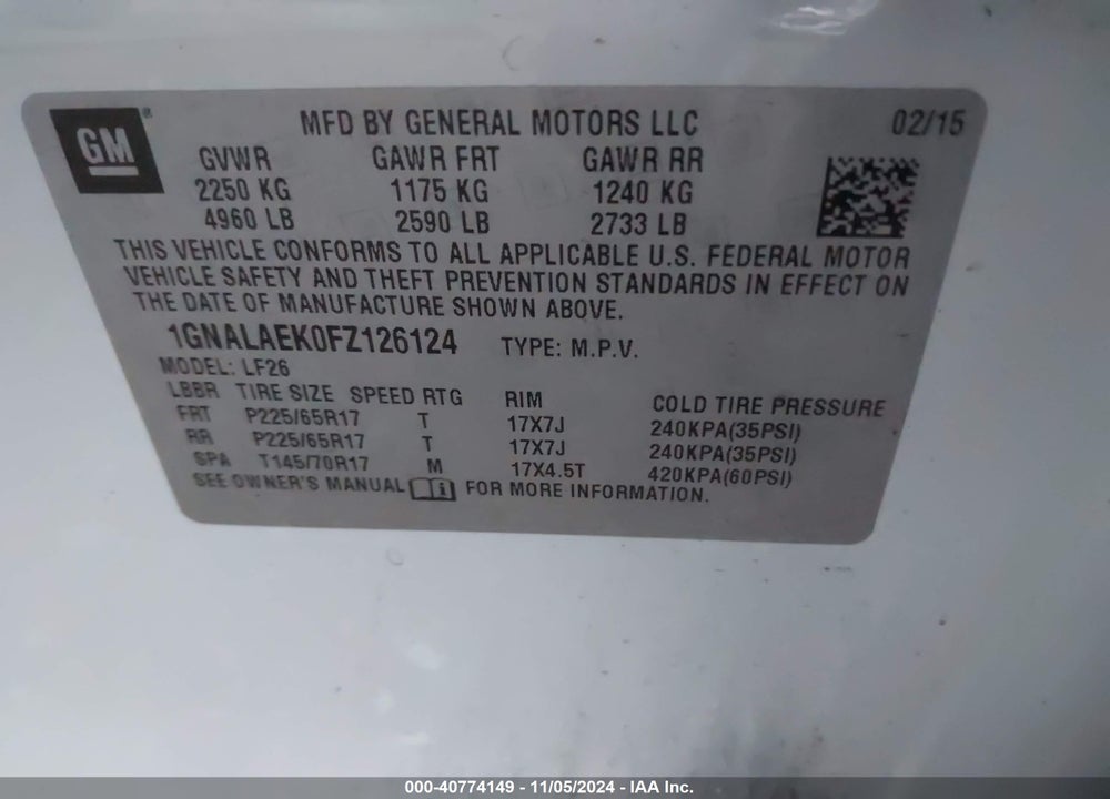2015 CHEVROLET EQUINOX LS VIN: 1GNALAEK0FZ126124