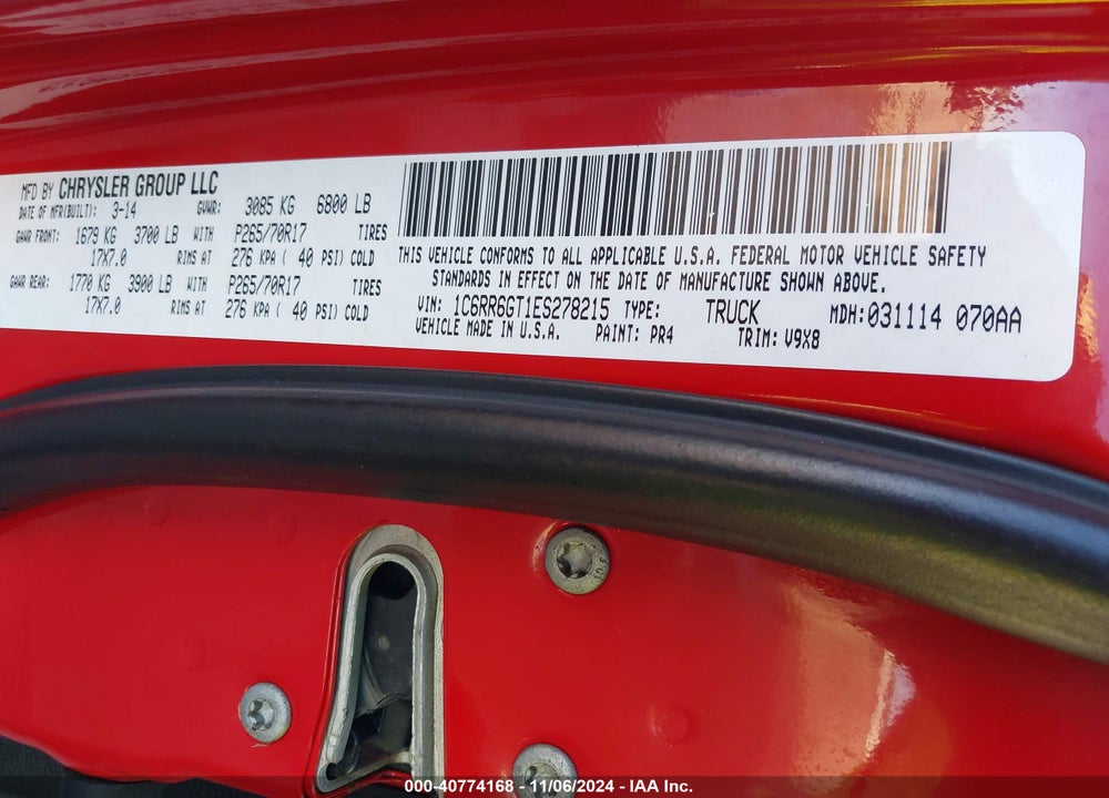 2014 RAM 1500 SLT VIN: 1C6RR6GT1ES278215