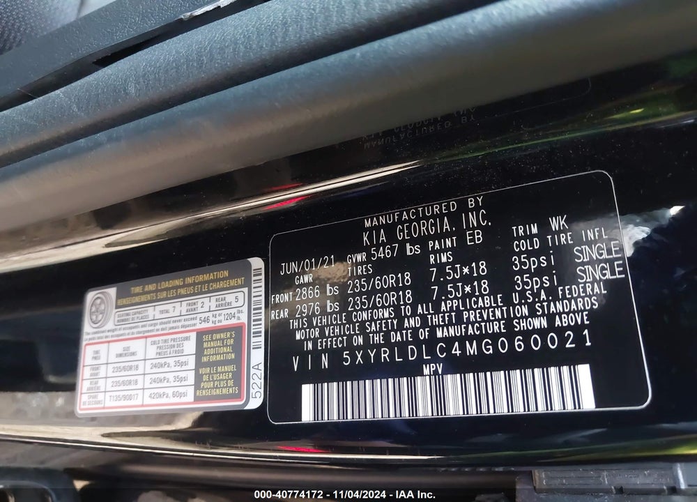 2021 KIA SORENTO S VIN: 5XYRLDLC4MG060021