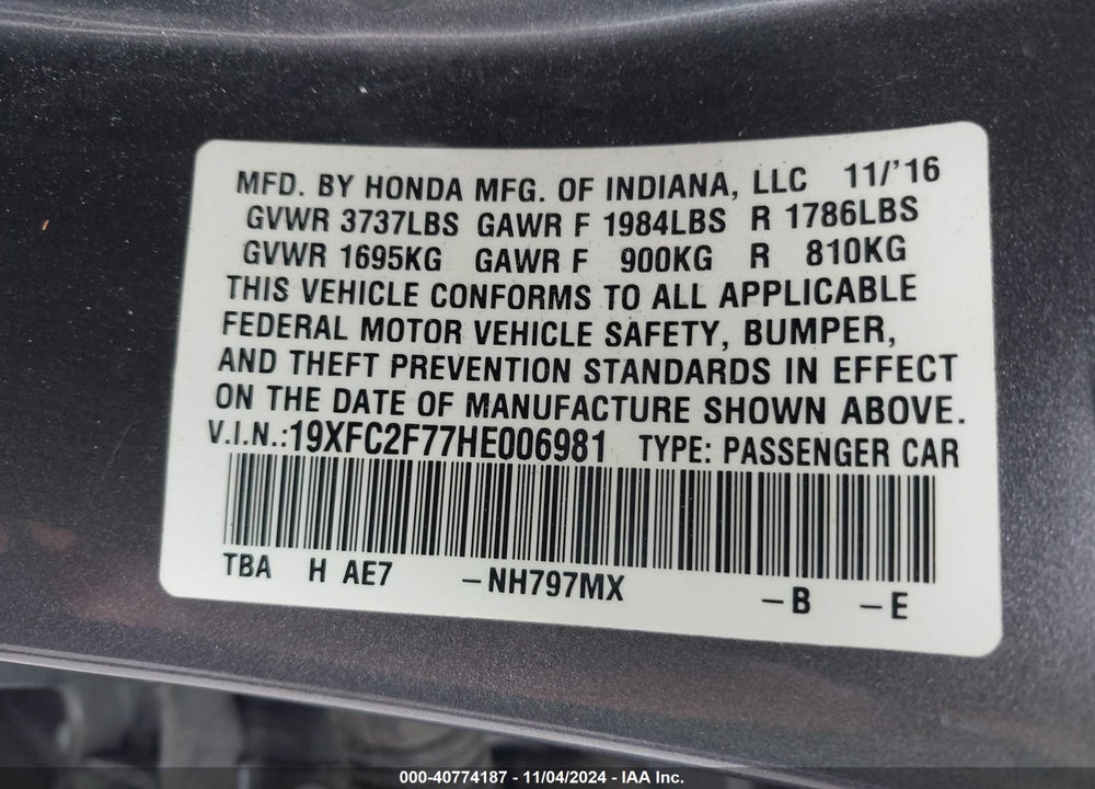 2017 HONDA CIVIC EX VIN: 19XFC2F77HE006981