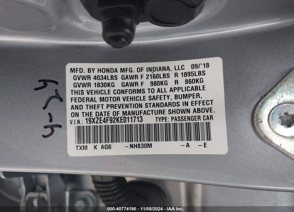 2019 HONDA INSIGHT TOURING VIN: 19XZE4F92KE011713