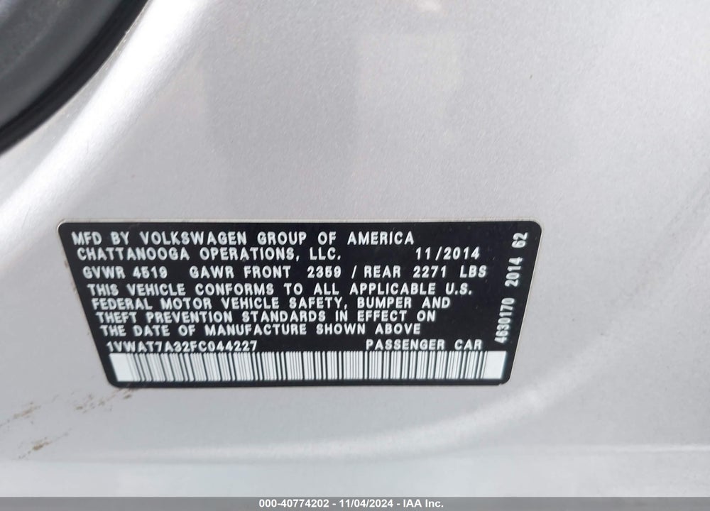 2015 VOLKSWAGEN PASSAT 1.8T WOLFSBURG EDITION VIN: 1VWAT7A32FC044227