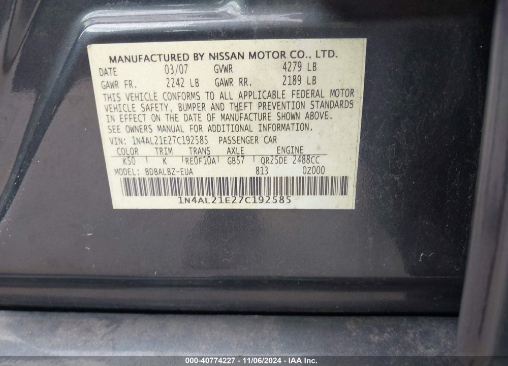 2007 NISSAN ALTIMA VIN: 1N4AL21E27C192585