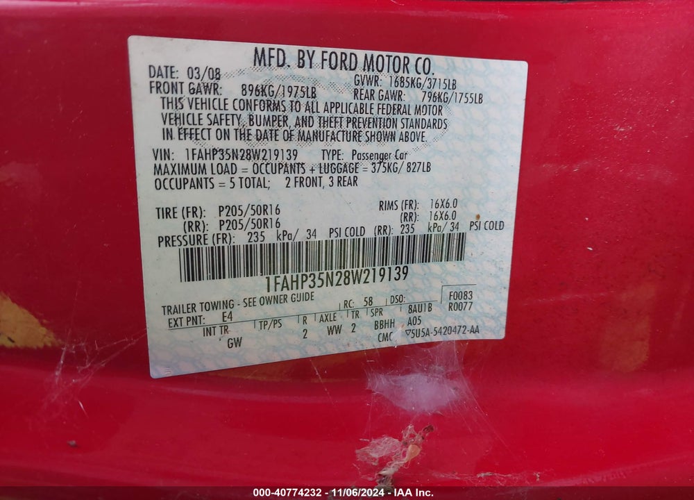 2008 FORD FOCUS SE/SES VIN: 1FAHP35N28W219139