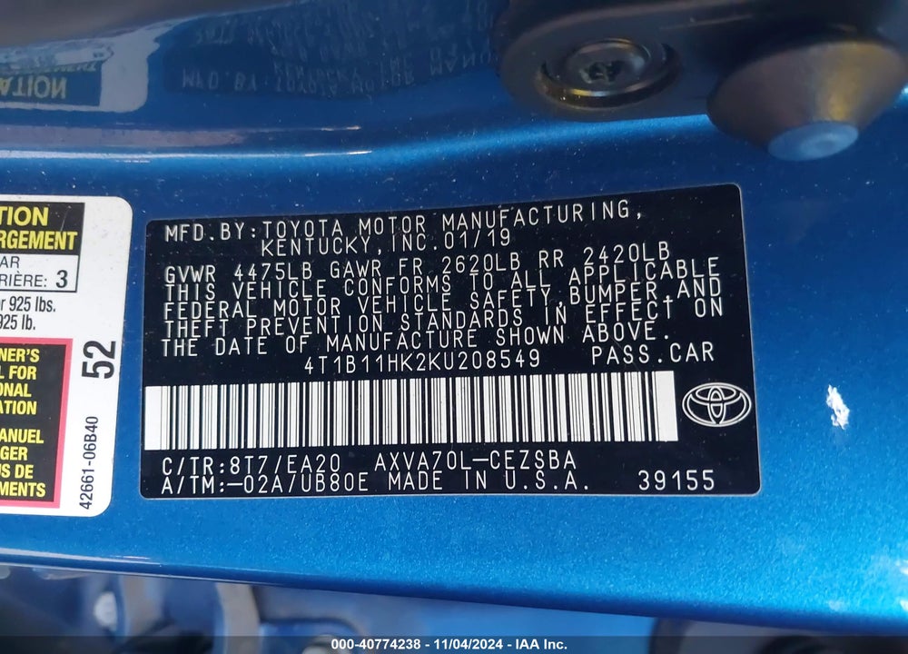 2019 TOYOTA CAMRY SE VIN: 4T1B11HK2KU208549