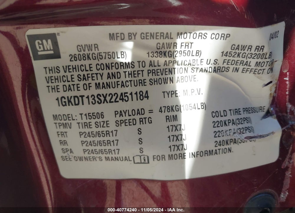 2002 GMC ENVOY SLE VIN: 1GKDT13SX22451184