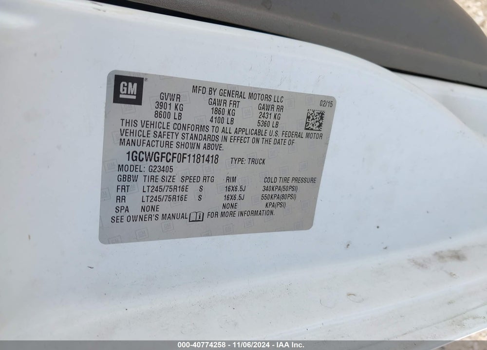 2015 CHEVROLET EXPRESS 2500 WORK VAN VIN: 1GCWGFCF0F1181418