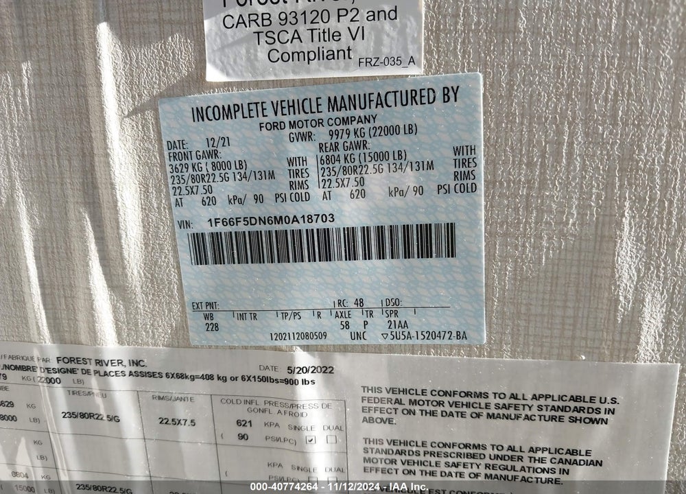 2021 FORD F53 VIN: 1F66F5DN6M0A18703