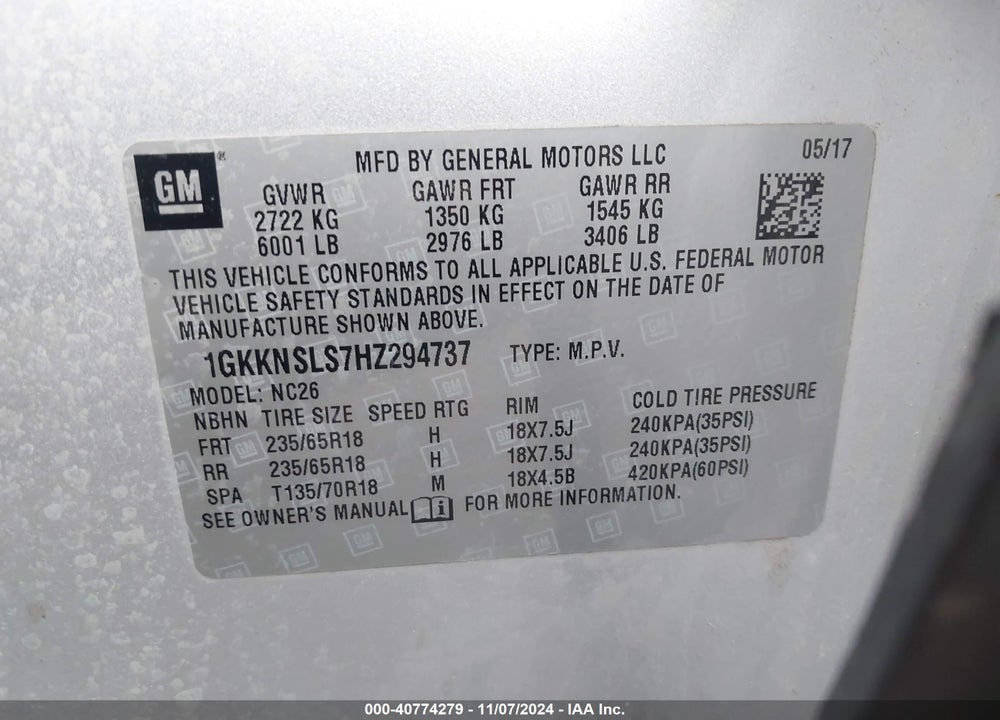 2017 GMC ACADIA SLE-2 VIN: 1GKKNSLS7HZ294737