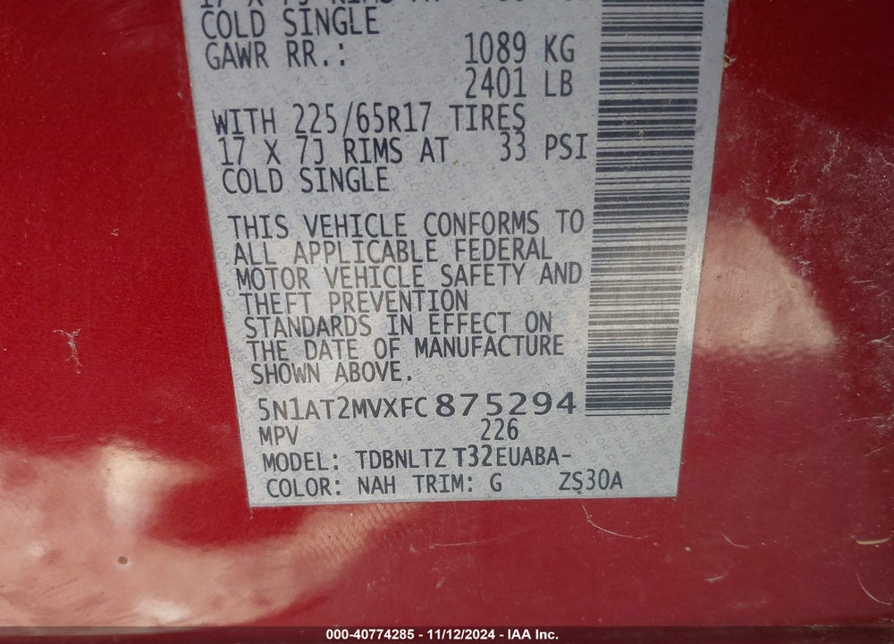 2015 NISSAN ROGUE SV VIN: 5N1AT2MVXFC875294