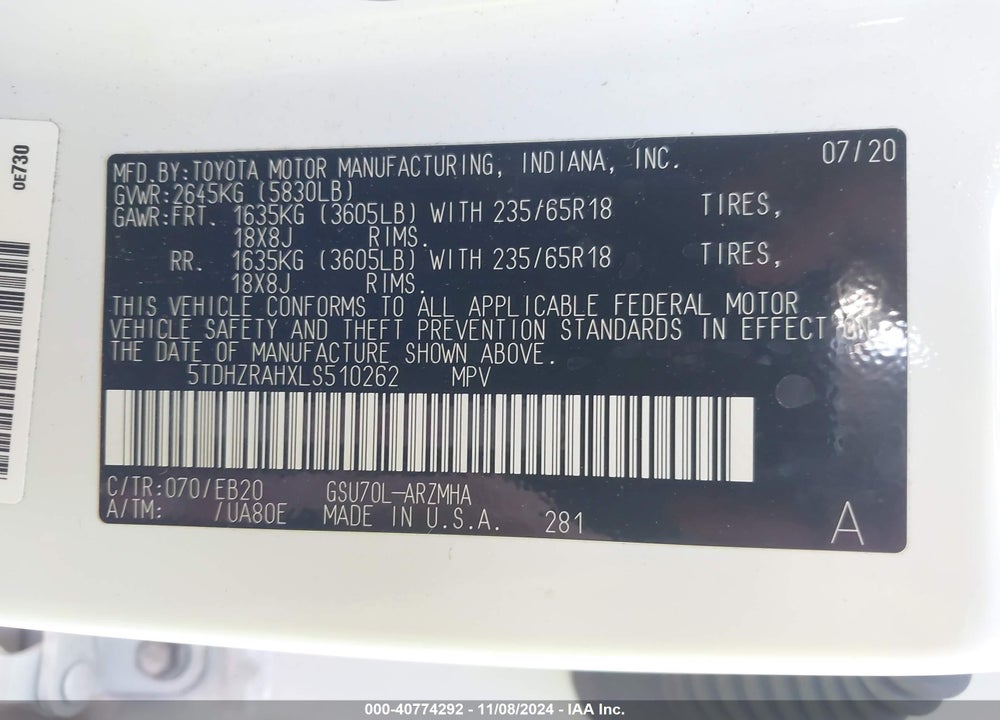 2020 TOYOTA HIGHLANDER XLE VIN: 5TDHZRAHXLS510262