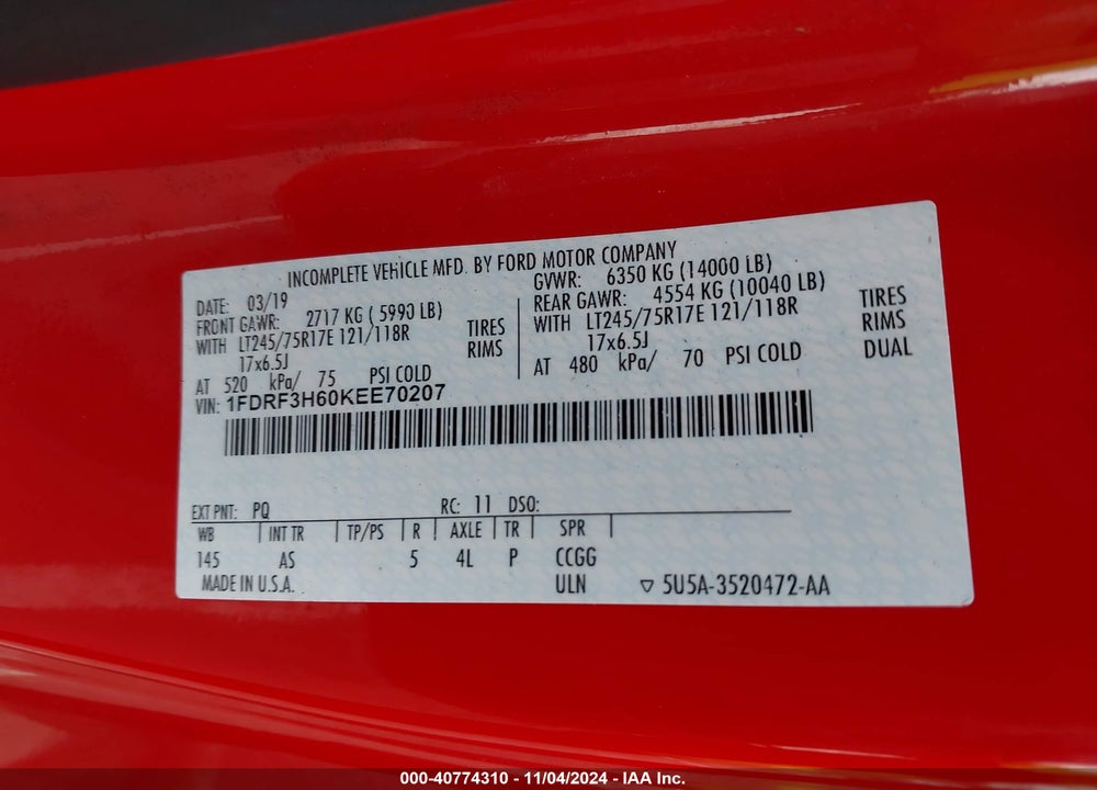 2019 FORD F-350 CHASSIS XL VIN: 1FDRF3H60KEE70207