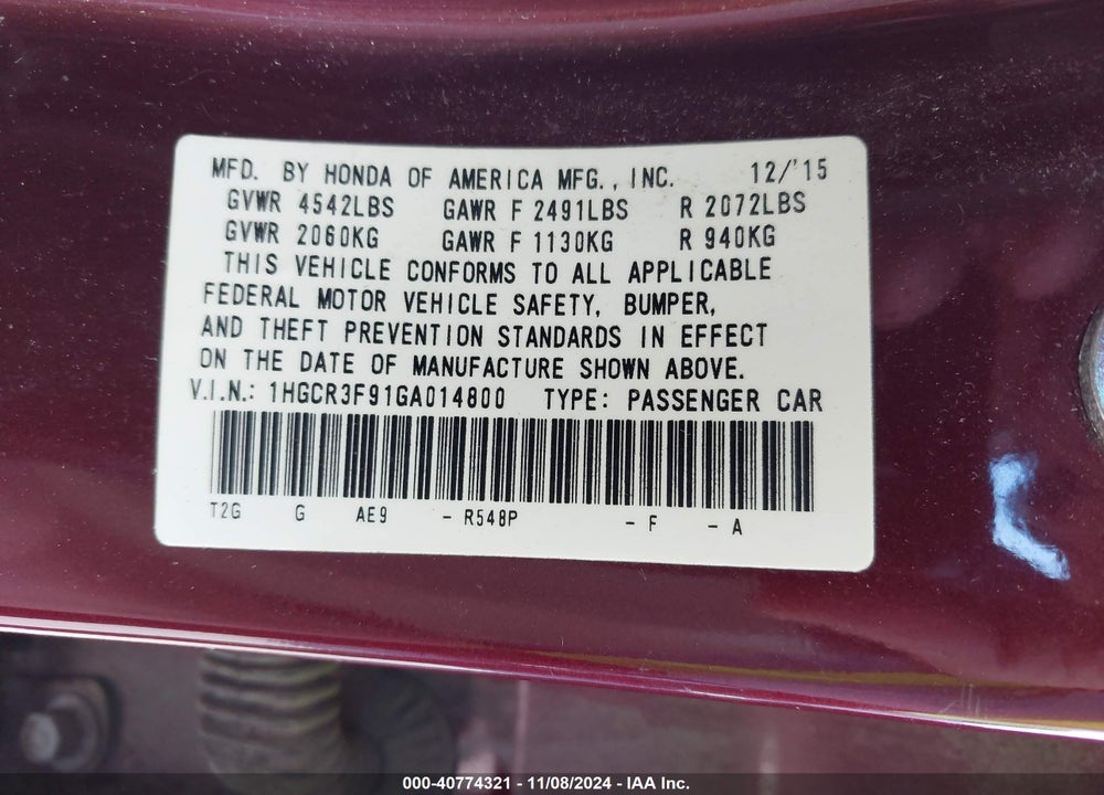 2016 HONDA ACCORD TOURING VIN: 1HGCR3F91GA014800