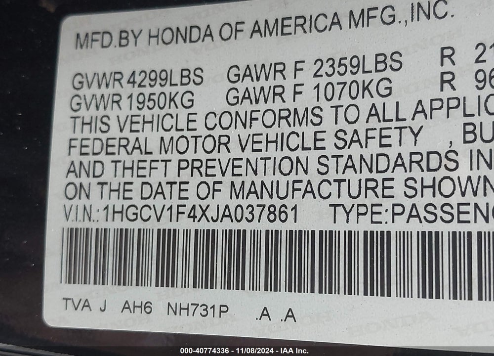 2018 HONDA ACCORD EX VIN: 1HGCV1F4XJA037861