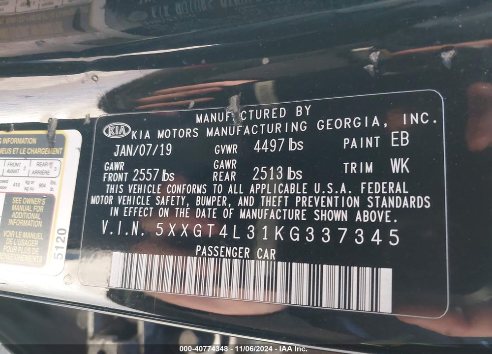 2019 KIA OPTIMA LX VIN: 5XXGT4L31KG337345
