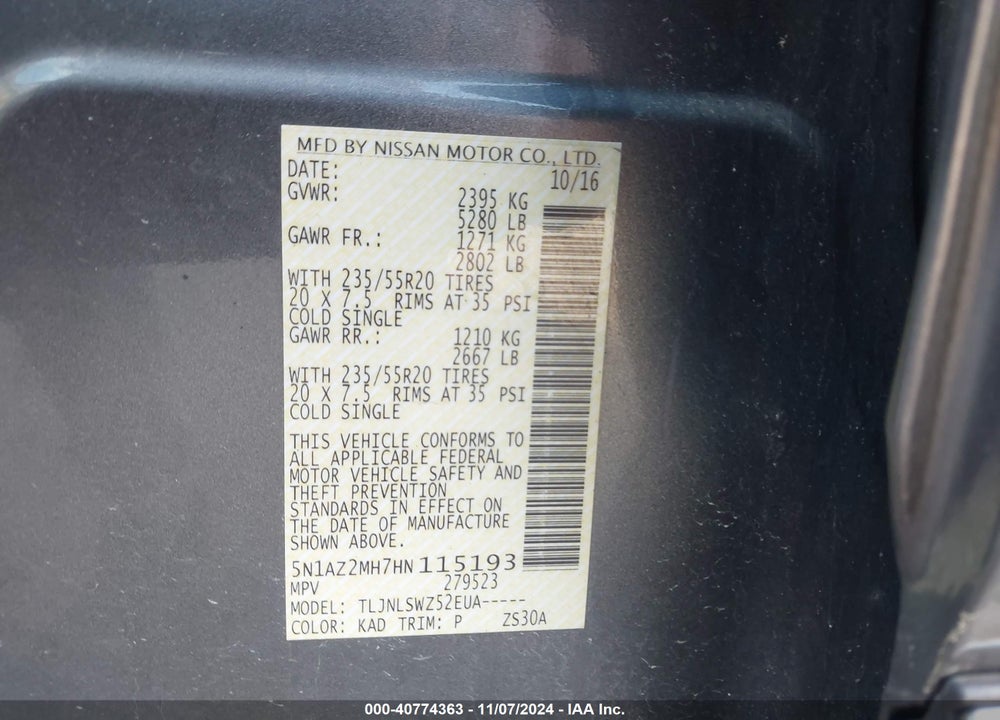 2017 NISSAN MURANO VIN: 5N1AZ2MH7HN115193