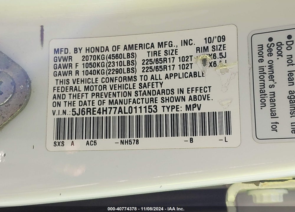 2010 HONDA CR-V EX-L VIN: 5J6RE4H77AL011153