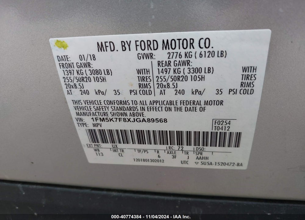2018 FORD EXPLORER LIMITED VIN: 1FM5K7F8XJGA89568