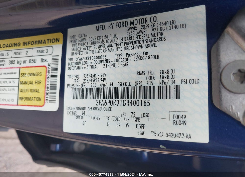 2016 FORD FUSION TITANIUM VIN: 3FA6P0K91GR400165