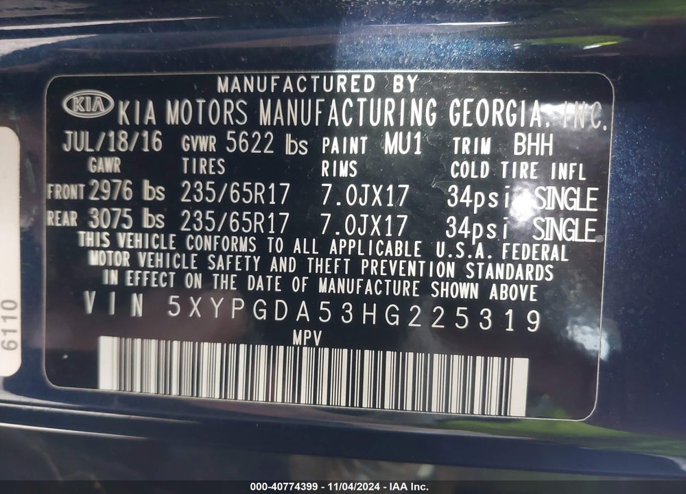 2017 KIA SORENTO LX V6 VIN: 5XYPGDA53HG225319