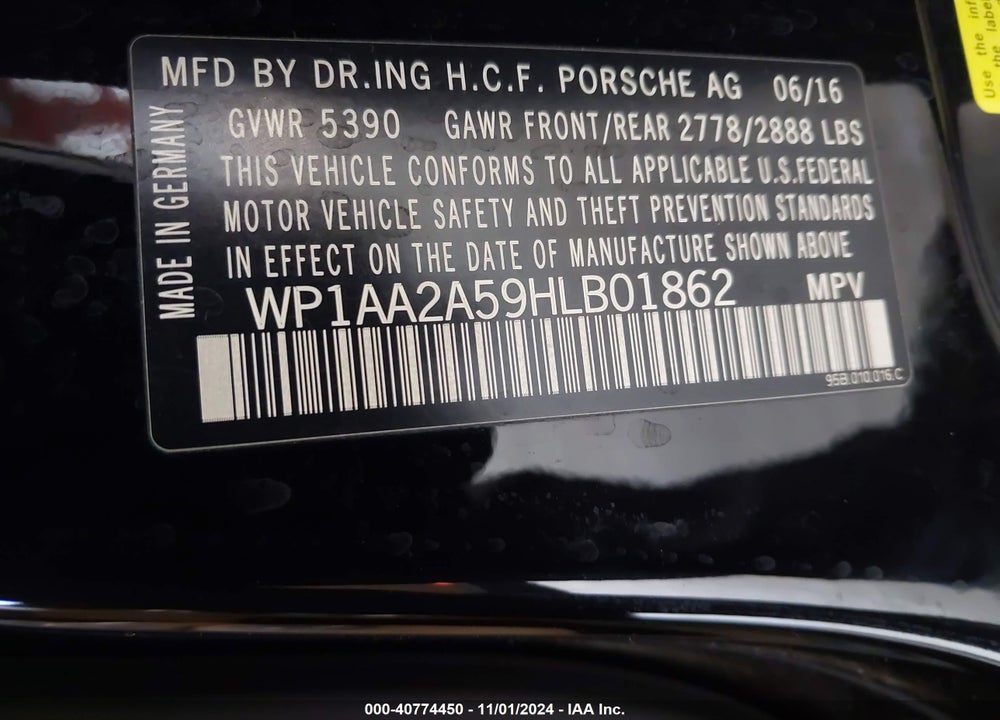 2017 PORSCHE MACAN VIN: WP1AA2A59HLB01862