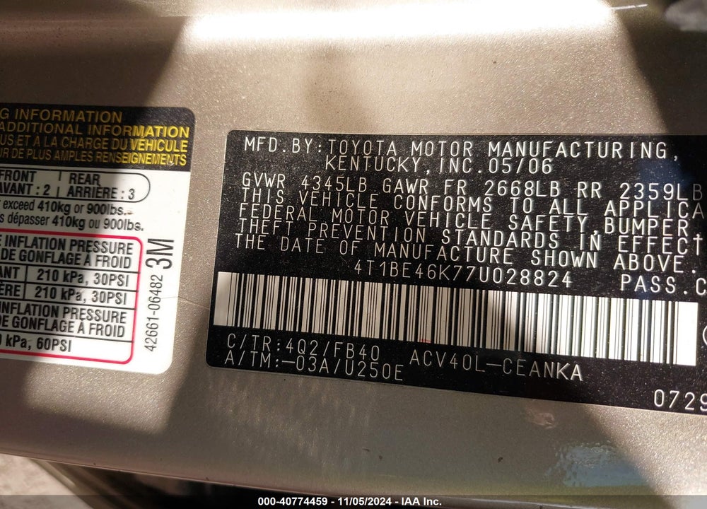 2007 TOYOTA CAMRY LE VIN: 4T1BE46K77U028824