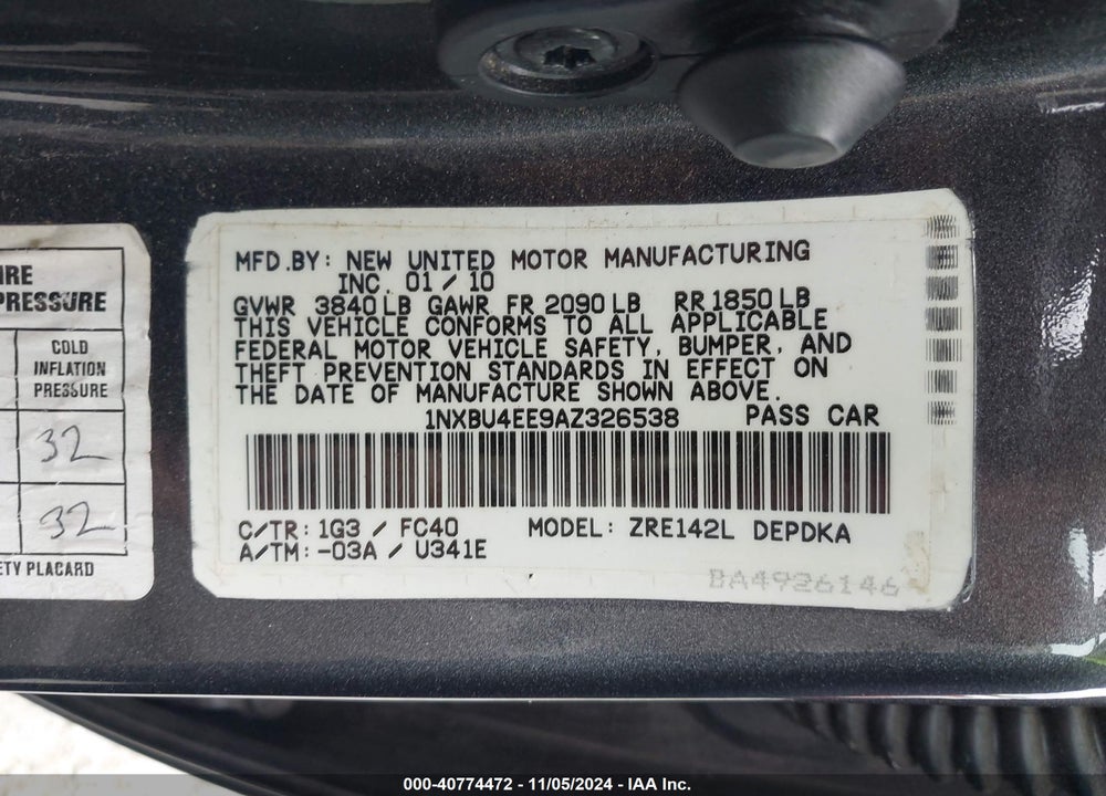 2010 TOYOTA COROLLA LE VIN: 1NXBU4EE9AZ326538